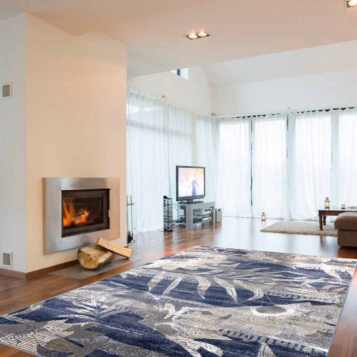 Ritz Floral Modern Rug Silver & Blue