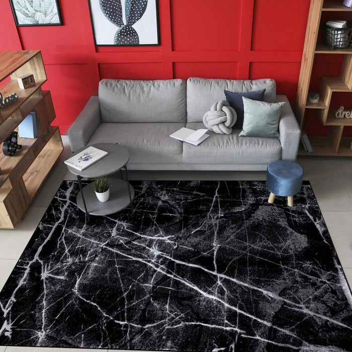 Ritz Marble Design Rug Silver & Black
