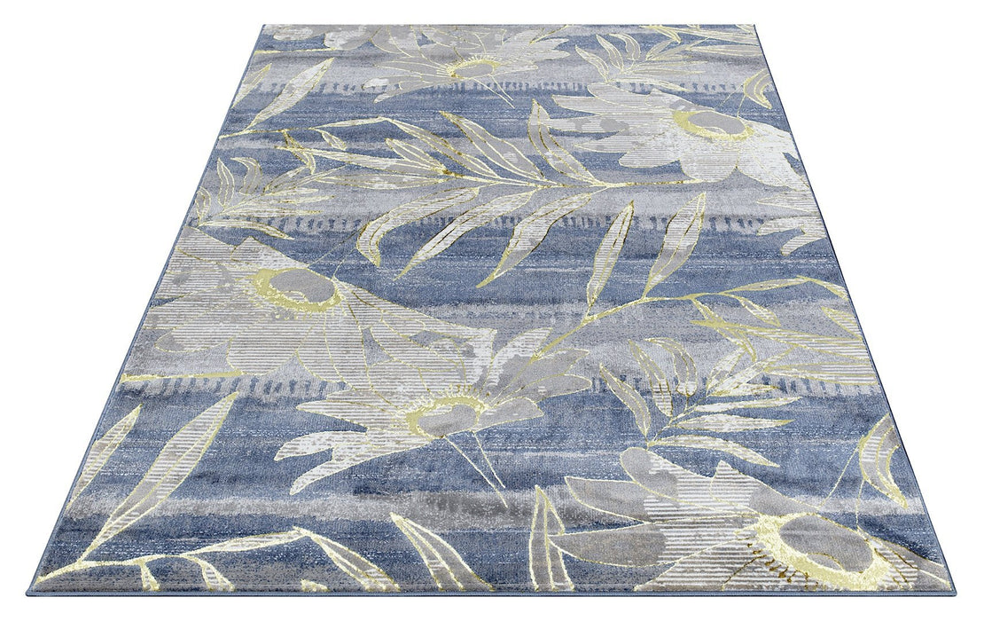 Ritz Floral Modern Rug Gold & Blue
