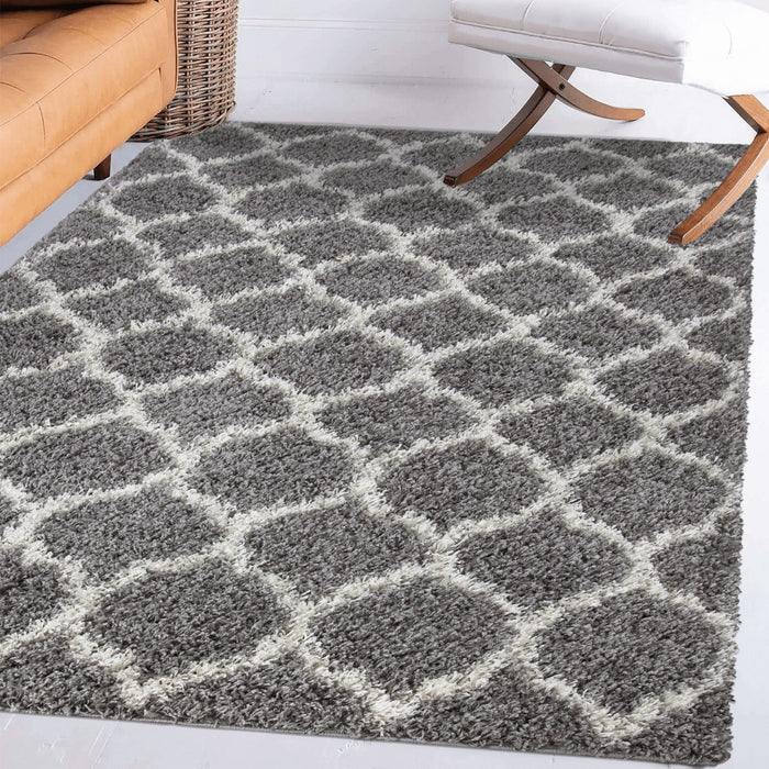 Trellis Shaggy Grey & White Rug (V2)